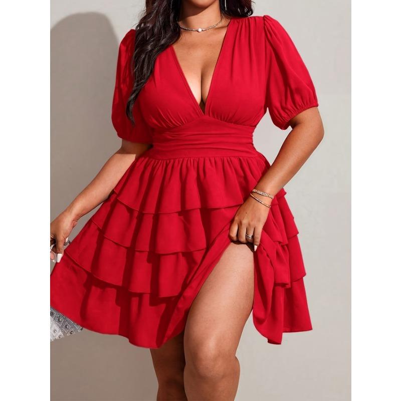 Vestido de tarta corto de color liso, manga corta, cuello en V sexy para mujer de talla grande
