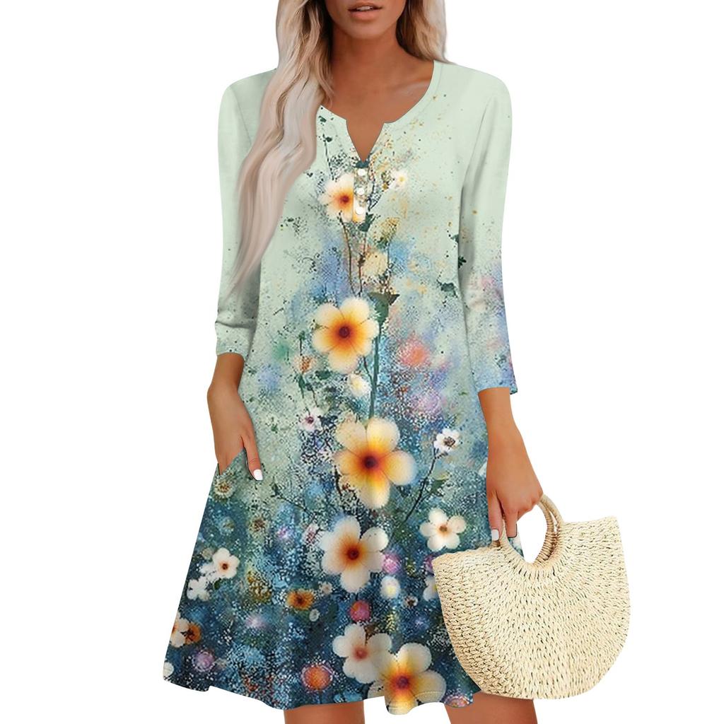 Damen Modisches V-Ausschnitt Knopf Sieben-Achtel-Ärmel Manschette Tasche Blumenkleid