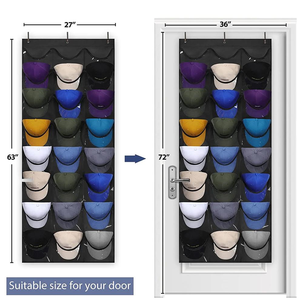 T1 Baseball Hat Rack for Wall Door, Visible Hat Holder with 3 Hooks and 24 Deep Pockets, 1 Piece