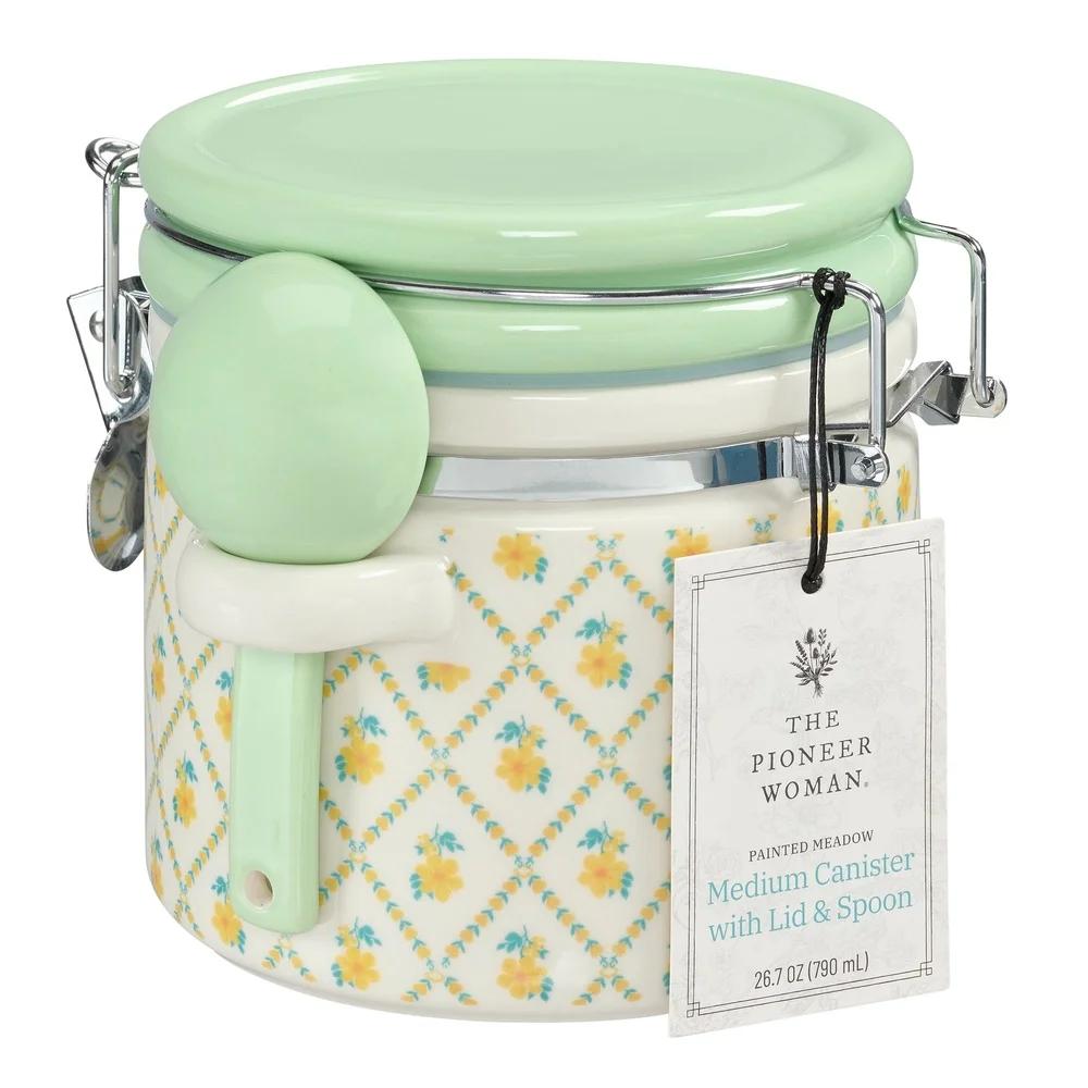 Stoneware Medium Canister with Lid and Ceramic Spoon Floral Decor Kitchen Storage Airtight Food Container Kitchen Organization