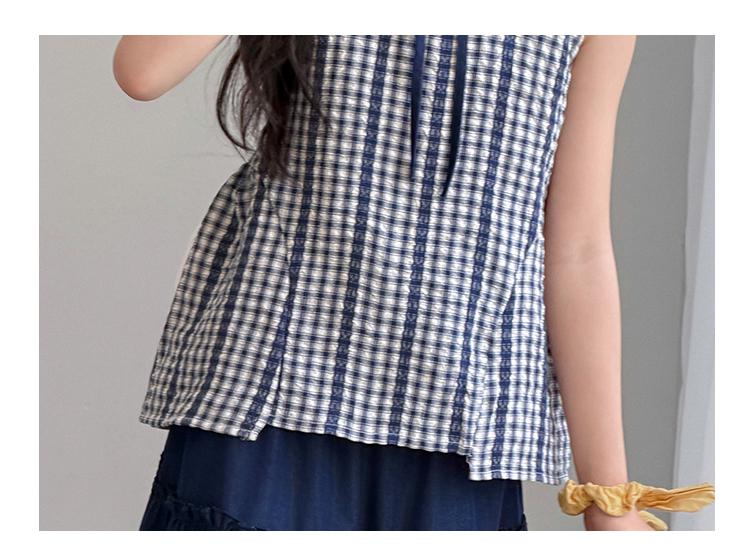 New Korean plaid sleeveless top and skirt for girls' summer outfit, stylish and fashionable two-piece set for children