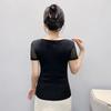 Summer Mesh Black T-shirt Chic Cross Hollow Out Hot Diamonds Tees Sexy Square Collar Short Sleeve Women's Tops Blouse
