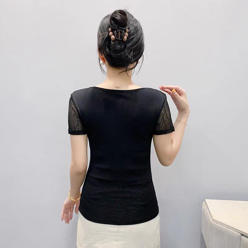 Summer Mesh Black T-shirt Chic Cross Hollow Out Hot Diamonds Tees Sexy Square Collar Short Sleeve Women's Tops Blouse