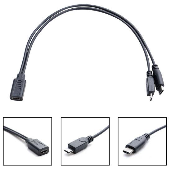 Type-C To Type-C&Micro To 2 Male 5P Female Y Splitter Charging Extension Cable