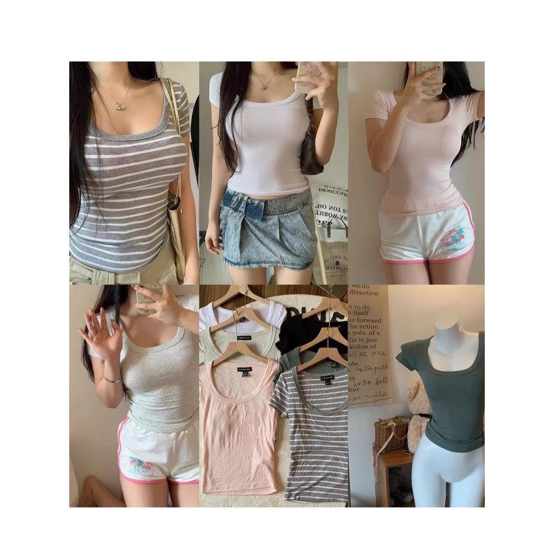 

@ Экспорт Большая футболка с U-образным вырезом для красоты, ключицы, чистое желание, большая эластичная футболка Black (No. 3 color is severely flawed S