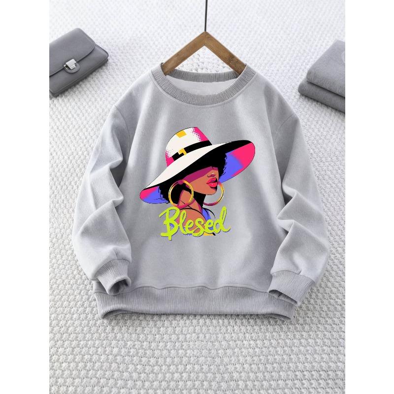 Girls' Crew Neck Sweatshirt | Cartoon Character Print with "Blessed" Letter Design, Casual Fit, Perfect for Fall/Winter