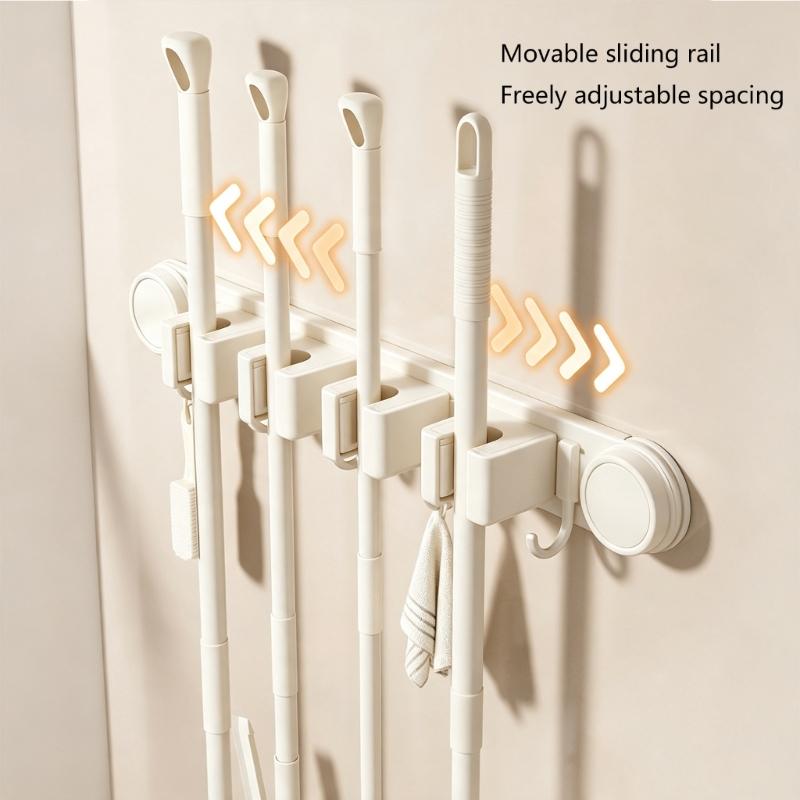 Sliding Rail Cleaning Tool Holder, Wall-Mounted Suction Rack with Integrated Hanging Feature for Mops, Glass and Smooth Tile