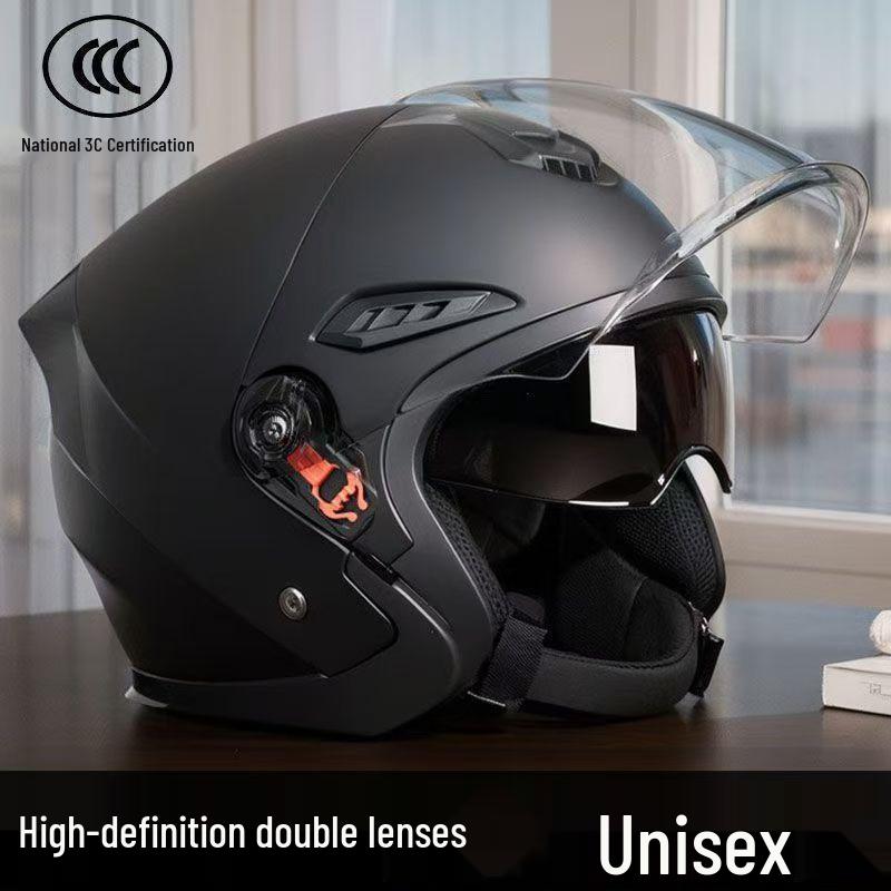 Unisex Electric Vehicle Half Helmet: Cold-Resistant with Detachable Neck Gaiter and Double Visor Protection