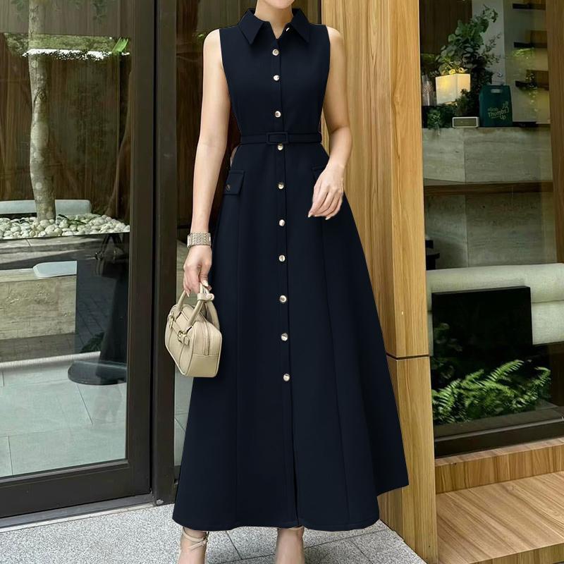 ZANZEA Women Casual Turn Down Collar Summer Sleeveless Long Dress