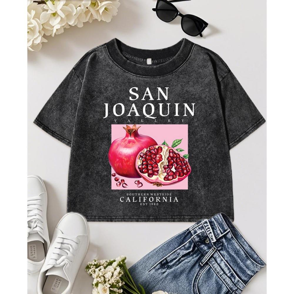 San Joaquin California Pomegranate Fruit Print Washed T-Shirt Women Casual Cotton T Shirt Soft Slim Clothes Top