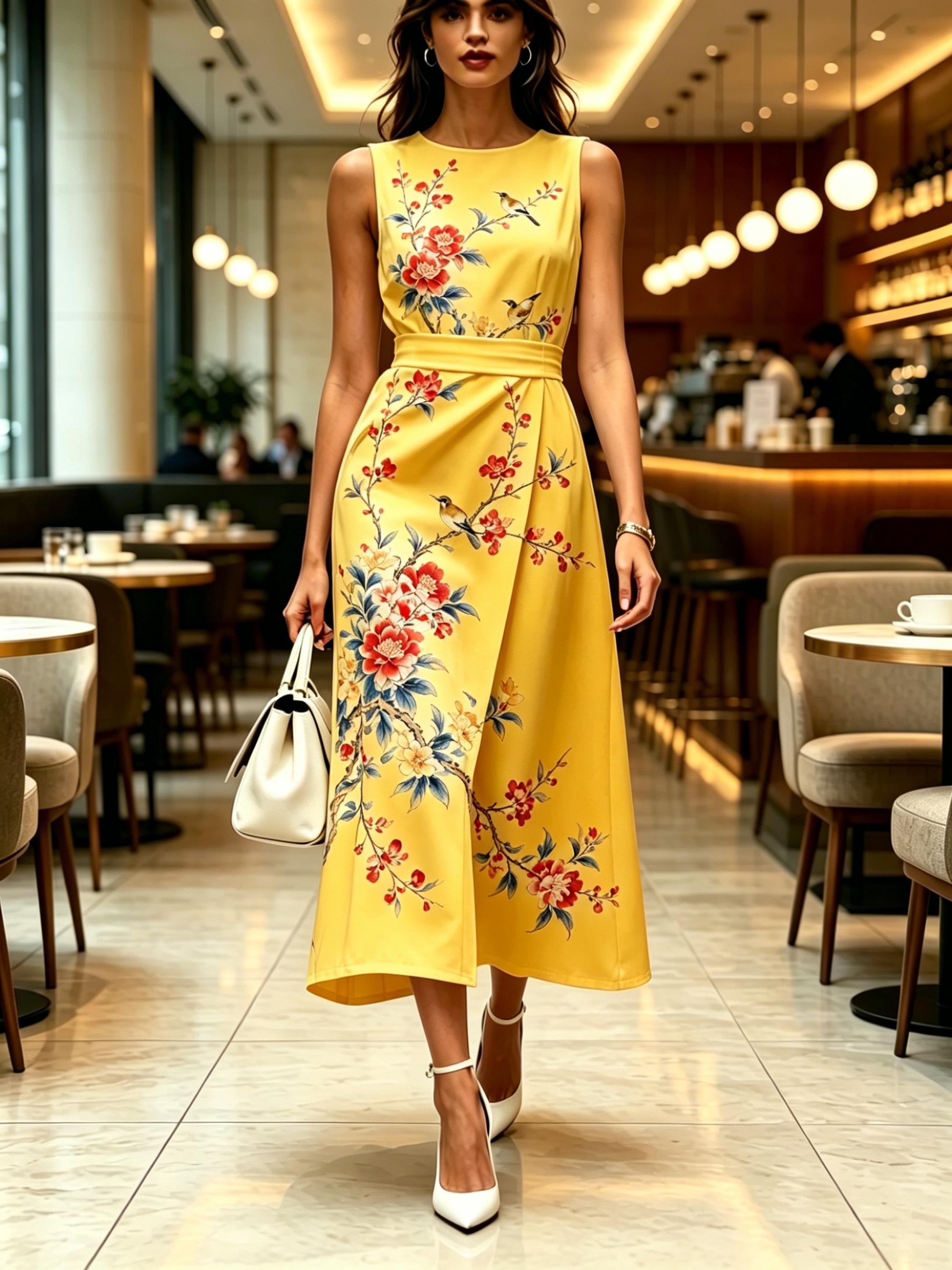

Round Neck Sleeveless Midi Dress Floral And Bird Print Yellow Color Womens Modern Elegant Casual Fashion Spring Summer Autumn Womens Clothing XXL