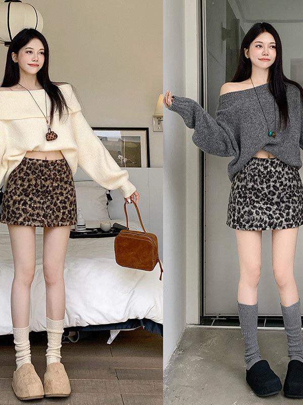 Autumn/Winter Leopard Print A-line High Waist Midi Skirt - Grey/Coffee