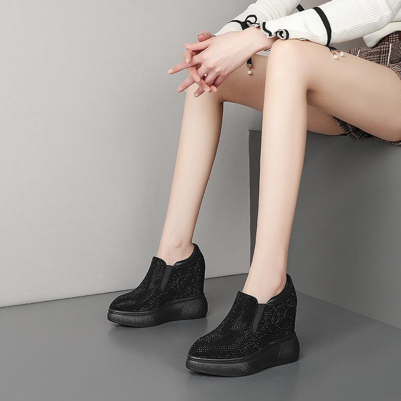 Niche Fashion Hot Diamond Deep Mouth Single Shoes 2025 Spring New Pointed Thick Sole Inner Height Increase Casual Small Leather Shoes Women's Shoes