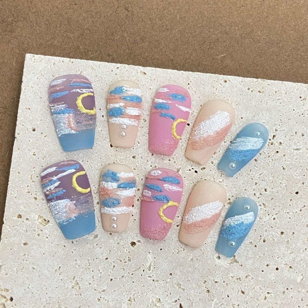 

100% HANDMADE Medium coffin shape Fake nail set with Glue Plaster Matte Hand Painted Oil Painting Dopamine Press on nails Fake Nails Reusable L
