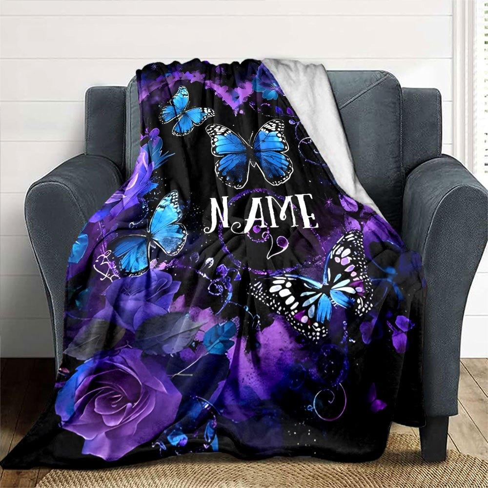 Purple Butterfly And Rose Design Home Customize Your Name Blankets Soft Cozy Lightweight Versatile For All Seasons Perfect For Picnics Sofa Relaxation