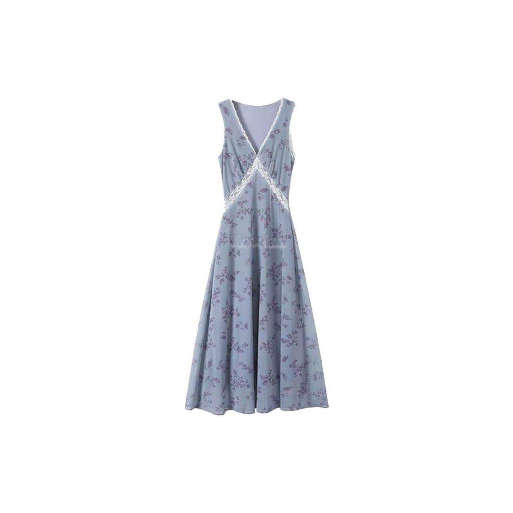 French Beautiful Blue V-neck Sleeveless Floral Dress Women's Summer New Holiday Style Temperament a Word Long Dress