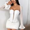 New Women's Trendy Mesh Patchwork Off-shoulder Strapless Top with Tie Straps and Slimming Fishbone Design T-shirt