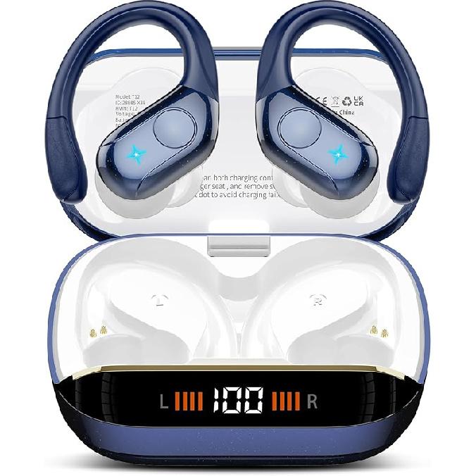 Wireless Earbuds Bluetooth 5.4 Headphones Sports, 75H Stereo Deep Bass Over Ear Buds with Earhooks, Bluetooth Earbuds with 4 ENC Mic, LED Display,