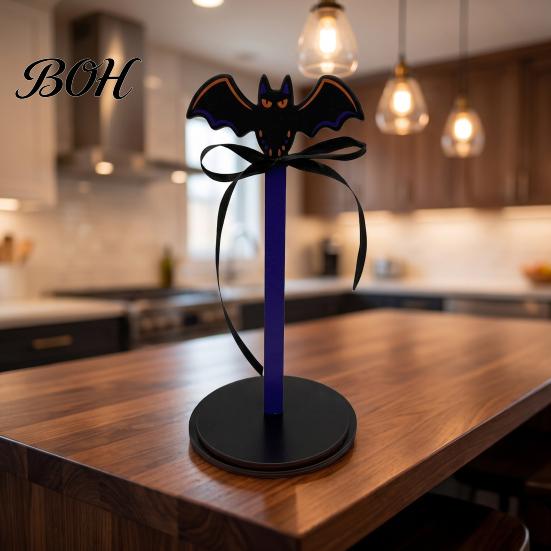 Country Style Home Accents Halloween Paper Towel Roll Holder, Ghost/Pumpkin/Witch's Hat/Bat Decor, Durable Festive Gift Wood Standing Reel for Kitchen