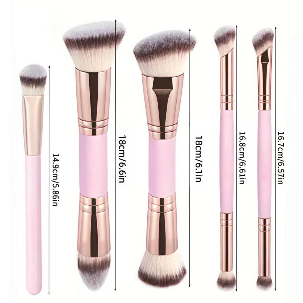 5 Double-Ended Makeup Brushes: Foundation, Blush, 3-Color Contour, Soft Bristle, Loose Powder, Beauty Tool Set