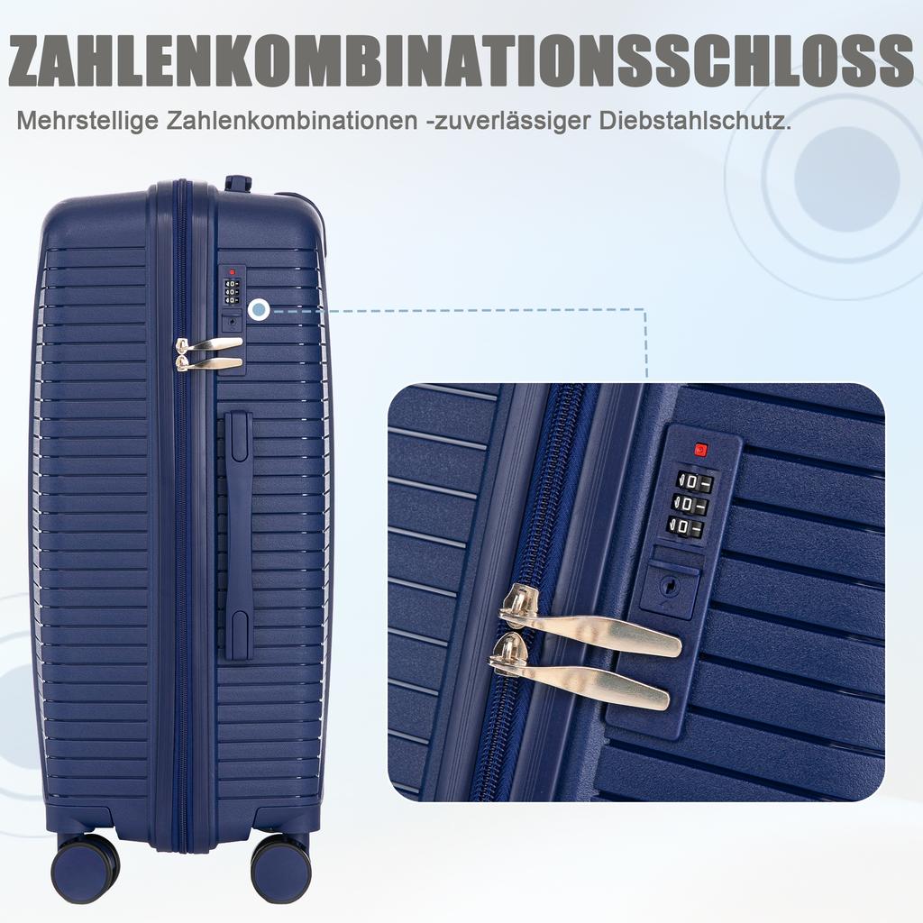 20"/24"/28" 3-Piece PP Spinner Luggage Set – Sizes with Side Handles, Hanging Hooks & Protective Feet – Integrated Combination Lock(Blue)