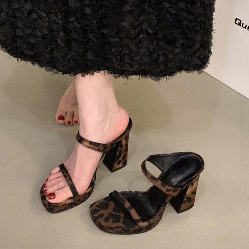 thick heel super high heel leopard print one-word slippers women's shoes wear 2025 new summer temperament black sandals