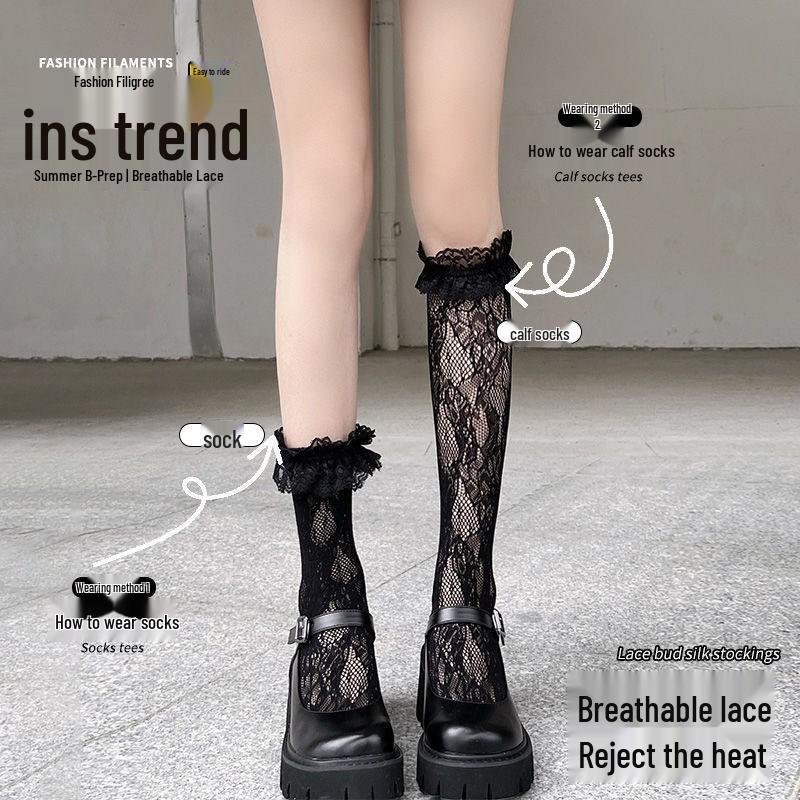 White Lace Lolita Knee-High Mid-Calf Socks for Women - Japanese Style Long Stockings