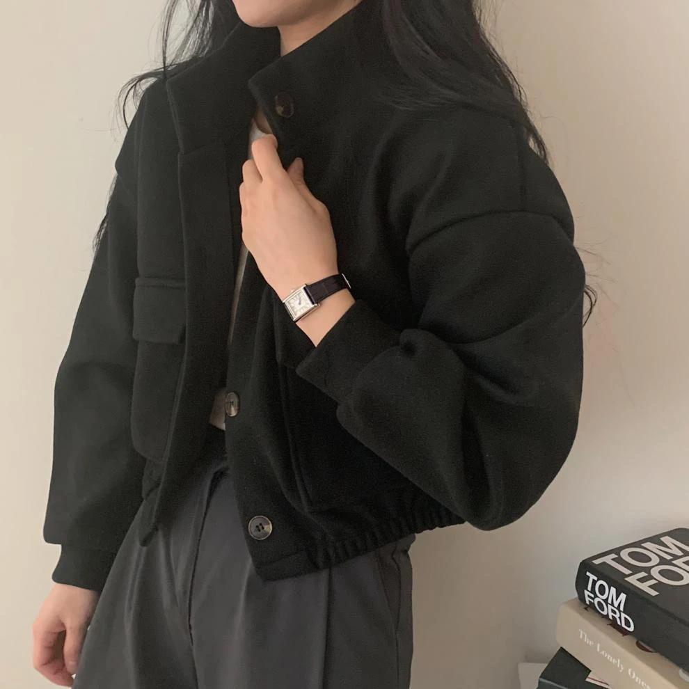 Autumn Winter Loose Wool Coat for Women's Pocket Stand Collar Top Long Sleeve Button Hong Kong Style Wool Coat