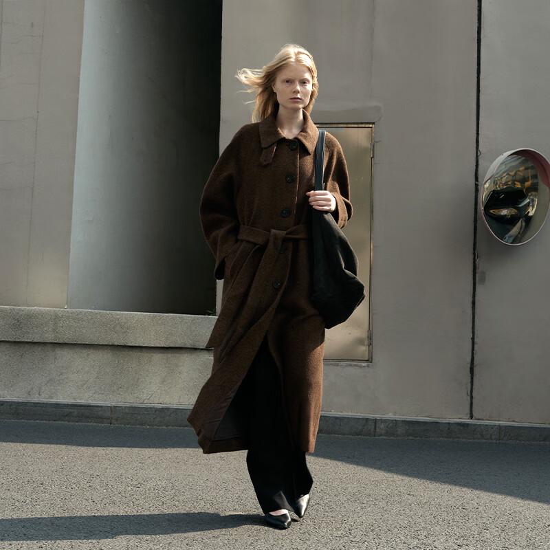 GREEN BELT Women's 100% Wool Oversized Lapel Mid-Length Coat