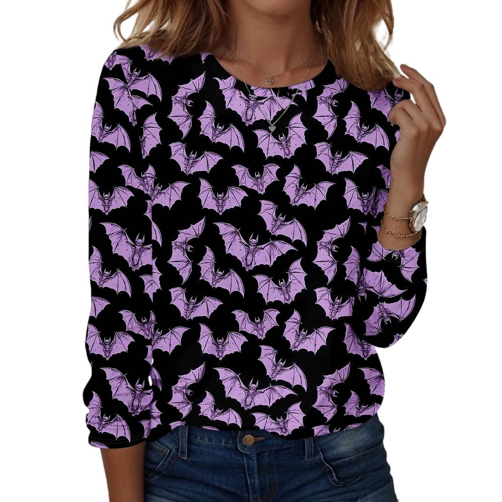Women Long Sleeve Casual Pullover Sweatshirt Halloween Printed Crew Neck Top Lightweight Comfortable Fit for Everyday Wear