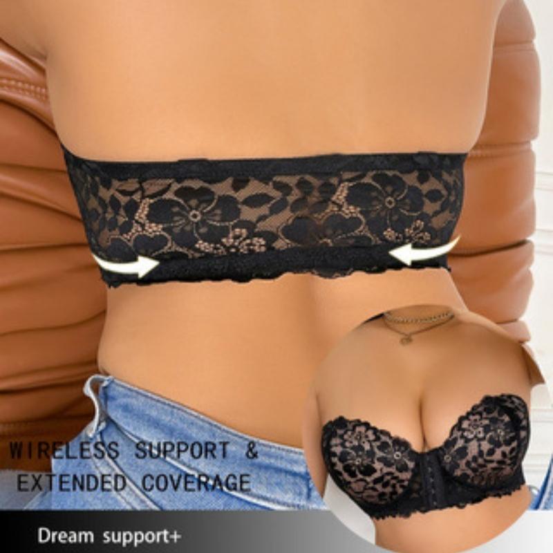 Sujetador Sexy de Encaje Push-up y de Soporte Lateral Anticaída de Talla Grande Sin Tirantes con Botones Delanteros Europeo y Americano