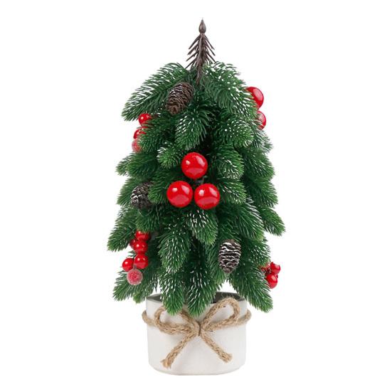 Mini Artificial Christmas Tree Ornament Tabletop Noble Fir with Red Berries Festive Holiday Decoration for Home Office Party