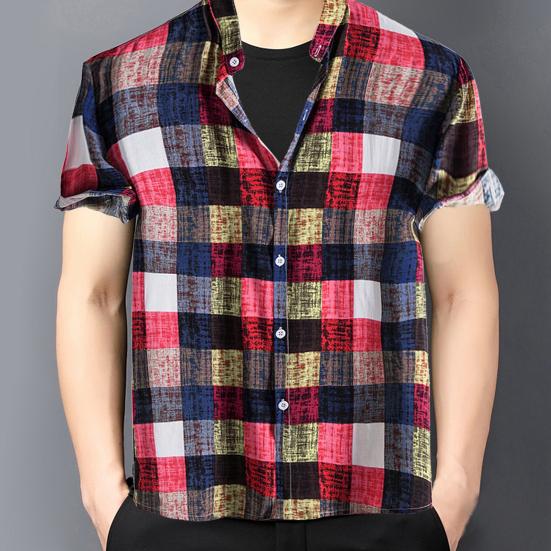 Stand Collar Short Sleeve Men Shirt Buttons Closure Men Plaid Printed Shirt Streetwear