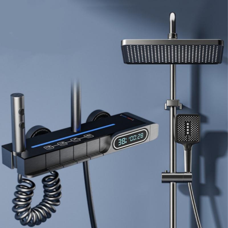 Temperature Display Shower Set System Wall Mount 4 Function Piano Key Rainfall Hot Cold Bathtub Shower Faucet Set For Bathroom