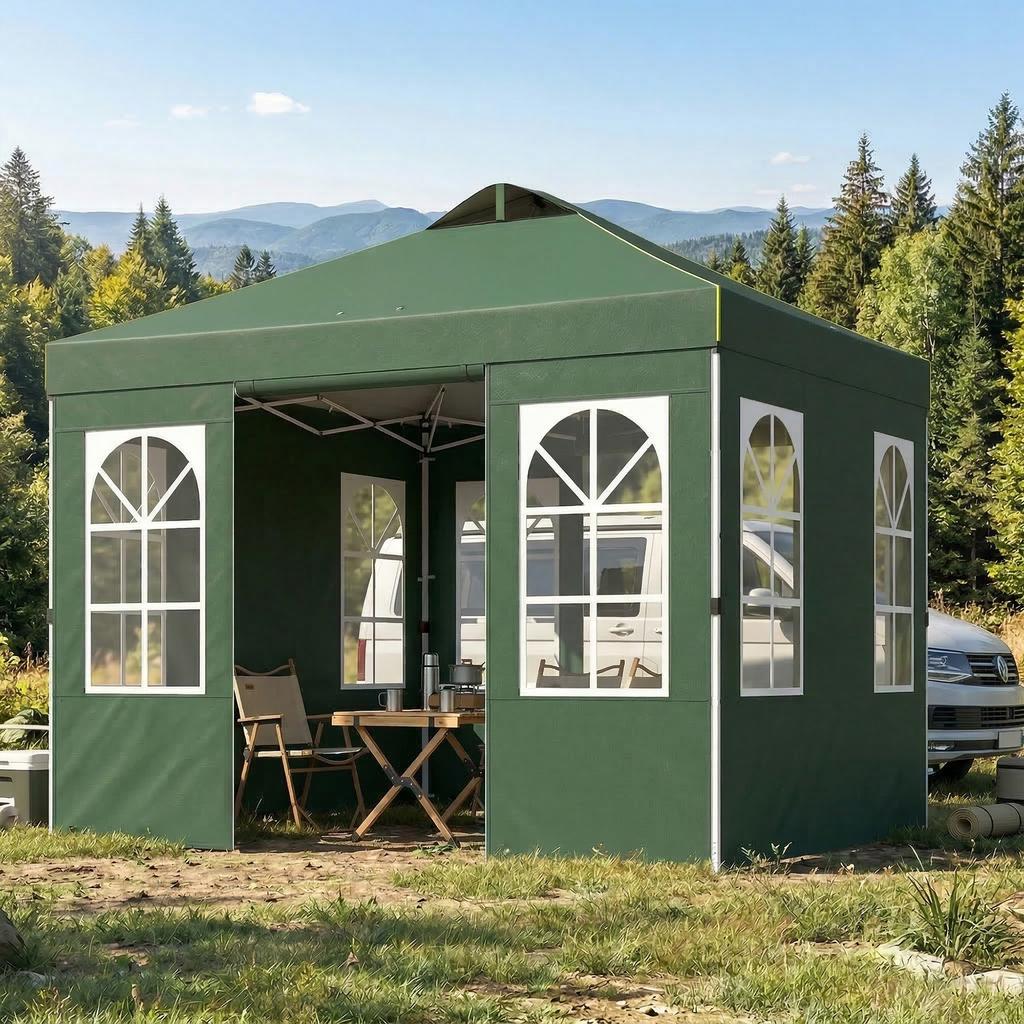 Folding Canopy 3x3 M Pop Up With UPF50+ 4 Detachable Sides Adjustable Height And Carrying Bag Green