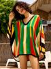 EDOLYNSA 2024 Multicolor Printed Large V Neck Batwing Sleeve Beach Mini Dress Loose Striped Summer Women Vacation Pool Party Swimsuit Cover Up