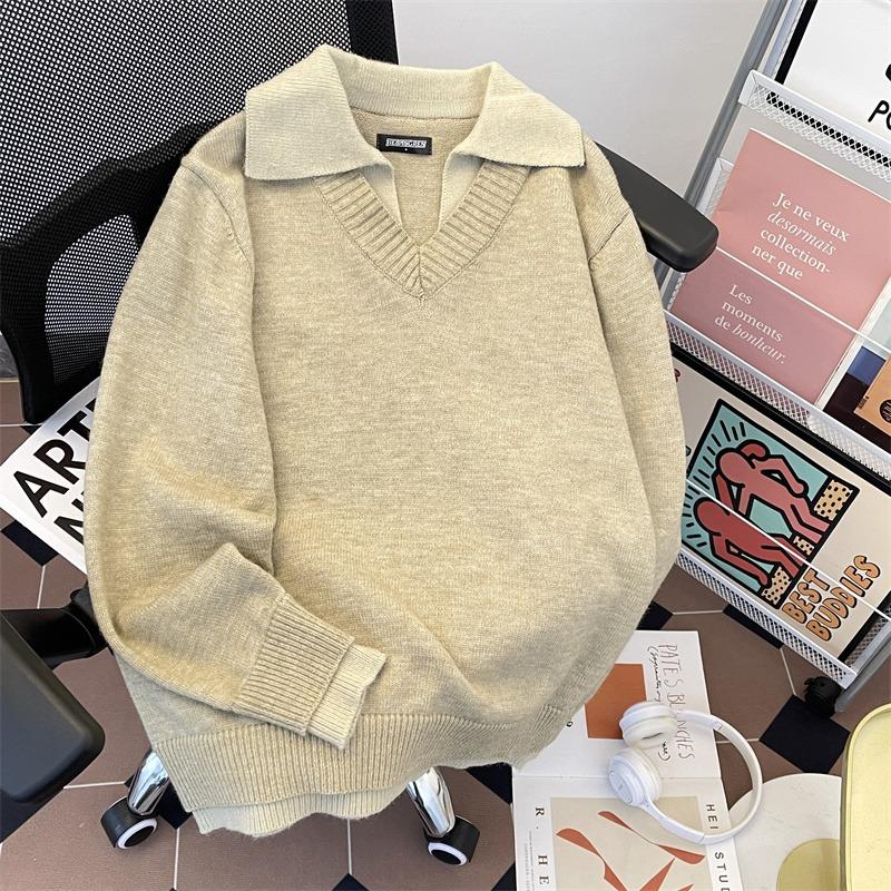 American Retro Fake Two-piece V-neck Sweater Men's Winter Lapel Old Money Wind Knitted Sweater Couple Lazy Wind Jacket