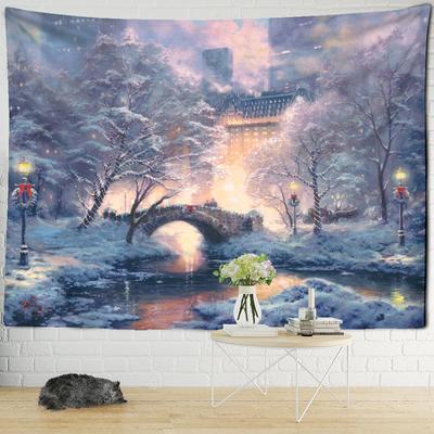 Christmas Snowy Night Travel Map Tapestry Wall Hanging Psychedelic Forest House Illustration Home Living Room Decor