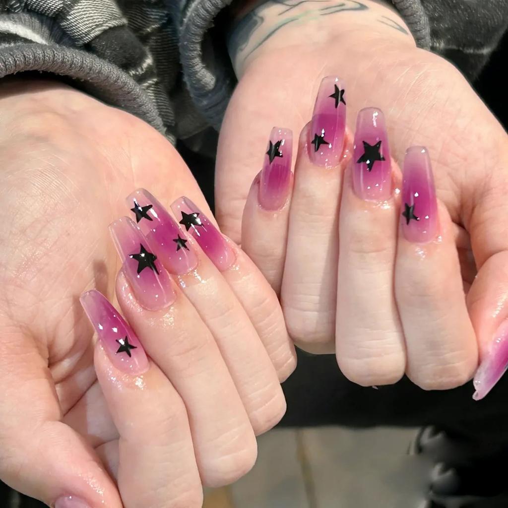 24Pcs Y2K Pink Star French Tip Fake Nails Medium Square Glitter Press On Nails DIY Manicure Set