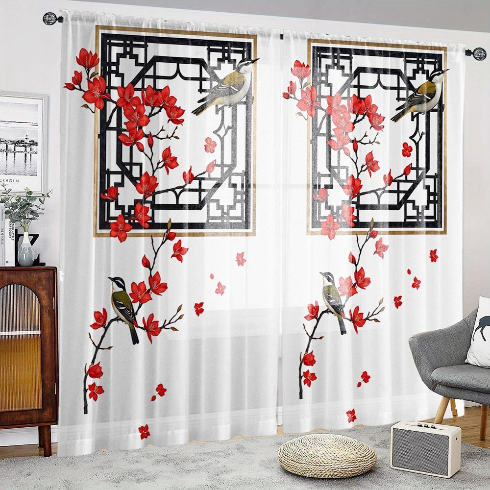 2-piece HD digital ancient style red Wing Plum Figure Printed Window Veil Home Decorating Style Decorative Living Room Bedroom R