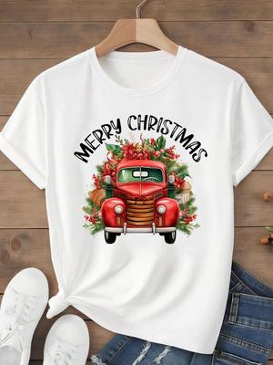 (Asian Size) Tee Top Festival  Merry Christmas New Year Holiday Women Letter Truck Cute Print Lady Short Sleeve Fashion Graphic T-shirts