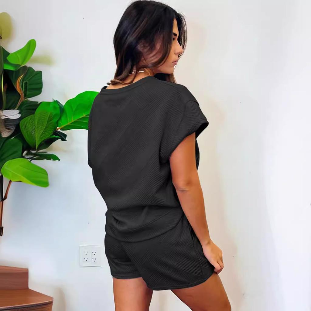 YYFS Moda dame ocazional vară primăvară culoare uni imprimeu mâneci scurte cu gâtul O pantaloni pantaloni costume