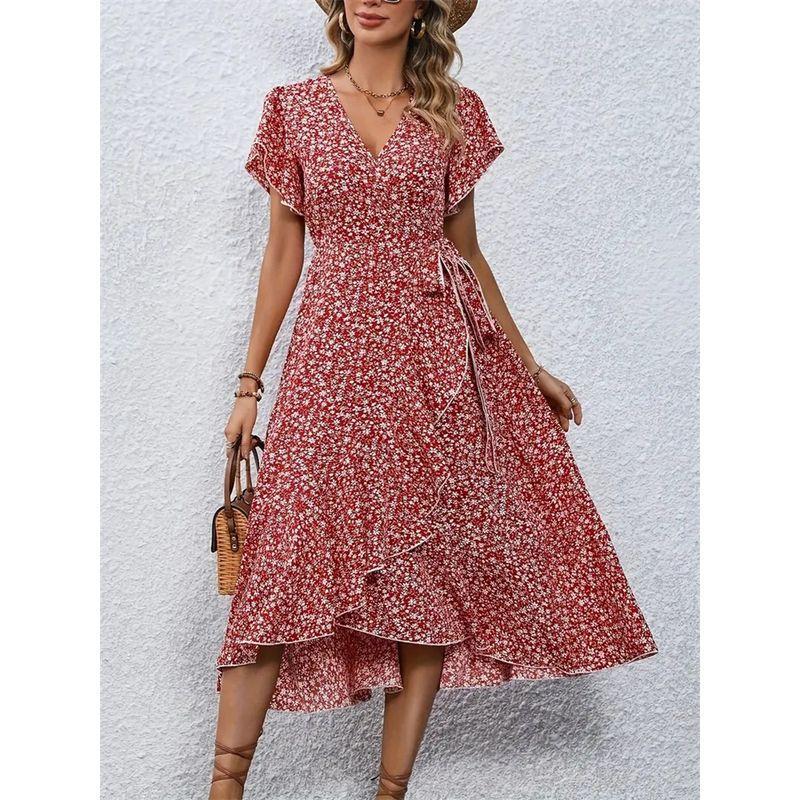 

European and American Fashion Slim fit Floral V-neck Cardigan Bandage Short sleeve Dress Long dress Floral Wrap Dress Red XL