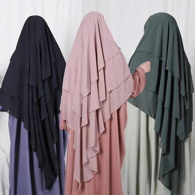 Long Khimar Hijab Scarf Wrap 2 Layers Crepe Voile Femme Musulman Muslim Fashion Ramadan Prayer Hijabs  Islamic Clothing