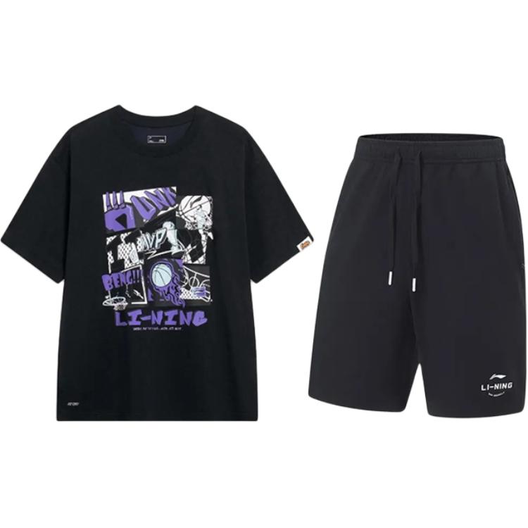 Li-Ning American Letter Print Trendy Versatile Round Neck Pullover Short Sleeve High Waist Tied Shorts Casual Sports Suit YHSU207-1+AKST543-3