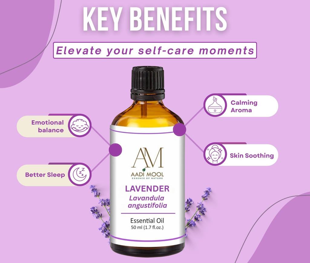 Aadi Mool Lavender Essential Oil | 100% Pure & Natural, Undiluted | For Aromatherapy, Skin & Hair Care | Diffuser, Massage, Bath, Candle Making &