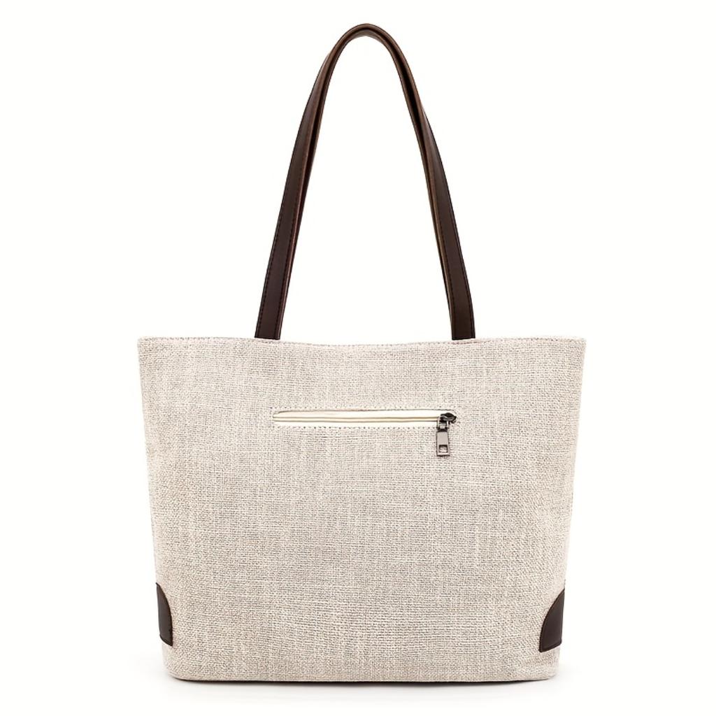 Women Minimalist Beige Large Tote Bag, Brown Shoulder Strap Zip Closure Handbag, Durable Easy Clean Shoulder Bag For College Work Daily Use