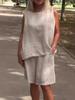 Women's Cotton & Linen Sleeveless Shorts Set - Casual Round Neck Design