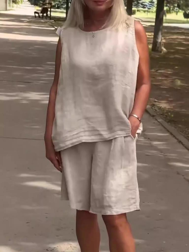 Women's Cotton & Linen Sleeveless Shorts Set - Casual Round Neck Design