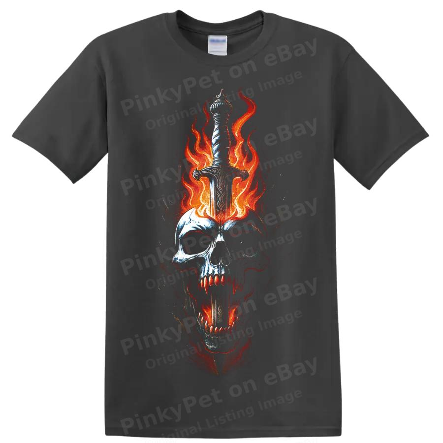 Skull Dagger Flames Gothic Horror T Shirt Fiery Dark Art Graphic Tee Unisex Top